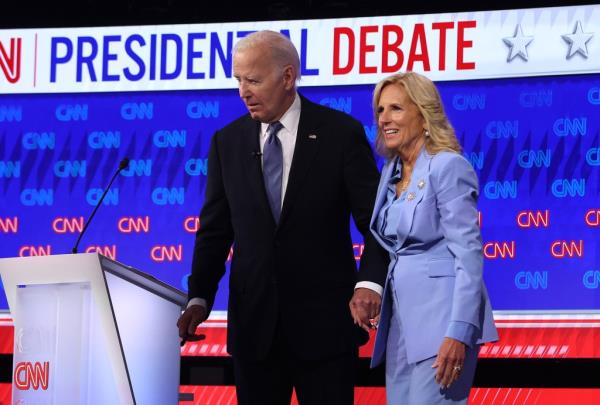 First lady Jill Biden greets her husband, President Joe Biden, following Thursday night's presidential debate against former President Do<em></em>nald Trump.