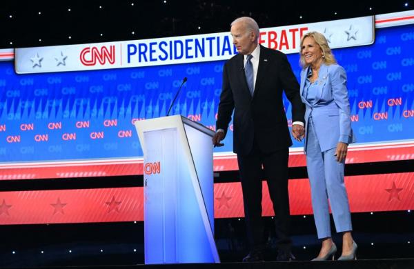 CNN’s cameras captured the 81-year-old president’s wife taking her husband by the hand and slowly leading him down the stage’s three or so steps after the debate.