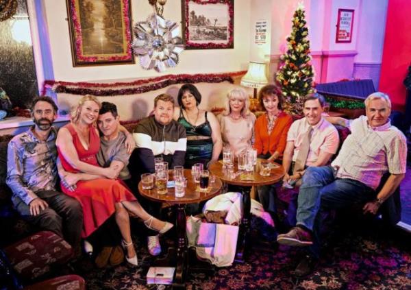 Gavin and Stacey cast sat in a pub at Christmas