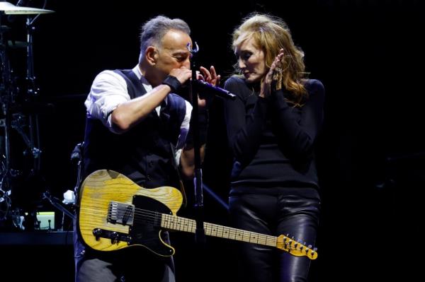 Bruce Springsteen and Patti Scialfa perform during the 2024 Sea.Hear.Now Festival on the beach on September 15, 2024 in Asbury Park, New Jersey.