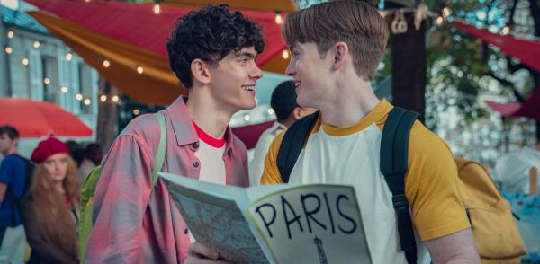 Joe Locke as Charlie and Kit Co<em></em>nnor as Nick in Paris in Heartstopper Season 2